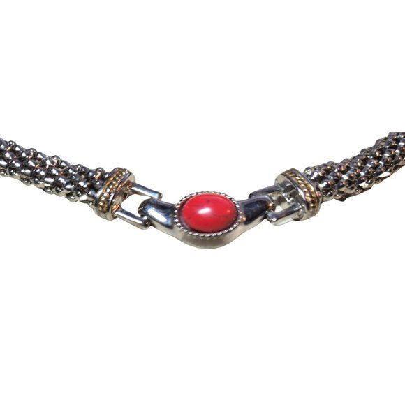 Rope Chain Choker Style Necklace Oval Coral Pendant Toggle Clasp 19" - Picture 3 of 5